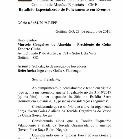 Solicitação de meação de torcedores da PM-GO para Goiás x Flamengo.