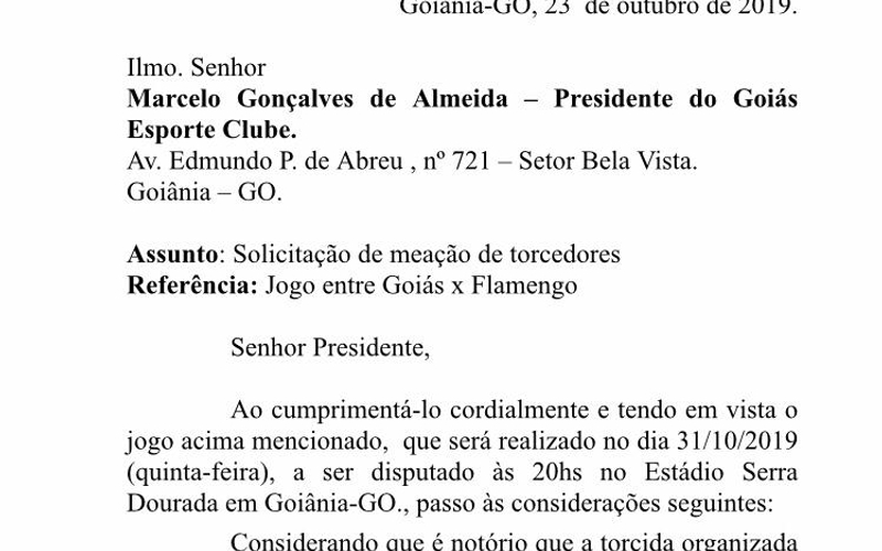 Solicitação de meação de torcedores da PM-GO para Goiás x Flamengo.