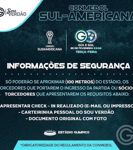 Sócio Sou Verdão: informações de segurança para Goiás x Sol de América