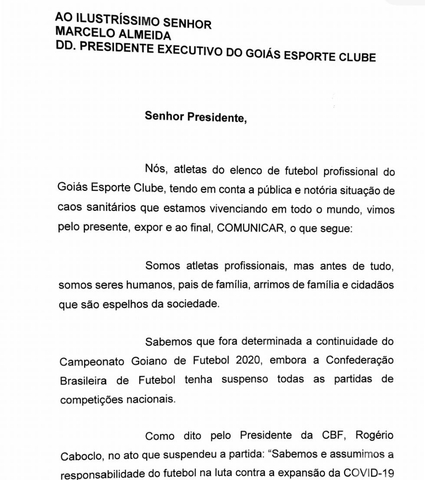 Confira a carta dos Atletas à Direção do Goiás Esporte Clube