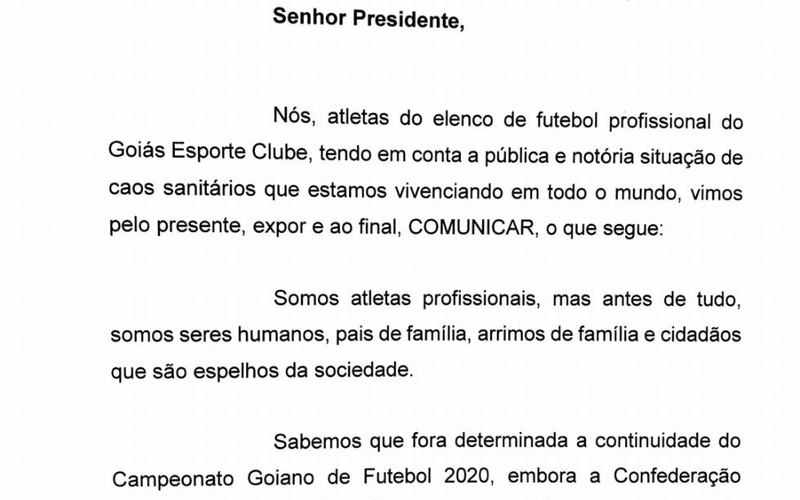 Confira a carta dos Atletas à Direção do Goiás Esporte Clube