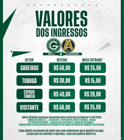 INGRESSOS PARA GOIÁS x APARECIDENSE - QUINTA-FEIRA 12/01/2023